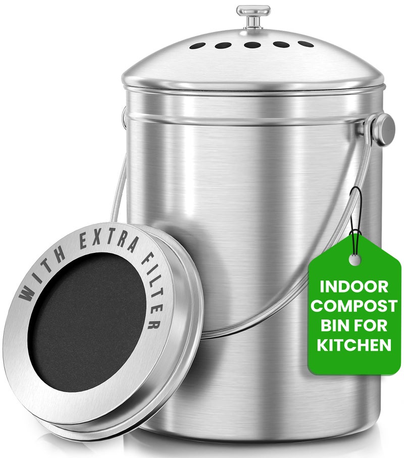 Utopia Kitchen Indoor Compost Bin Kitchen, Odorless Composting with Charcoal Filter, 1.3 Gallon Stainless Steel Large Composter for Countertop & Under Sink, Easy Cleaning, One Extra Filter - (Silver) - Image 1